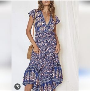 Floral V-Neck Wrap Blue Dress